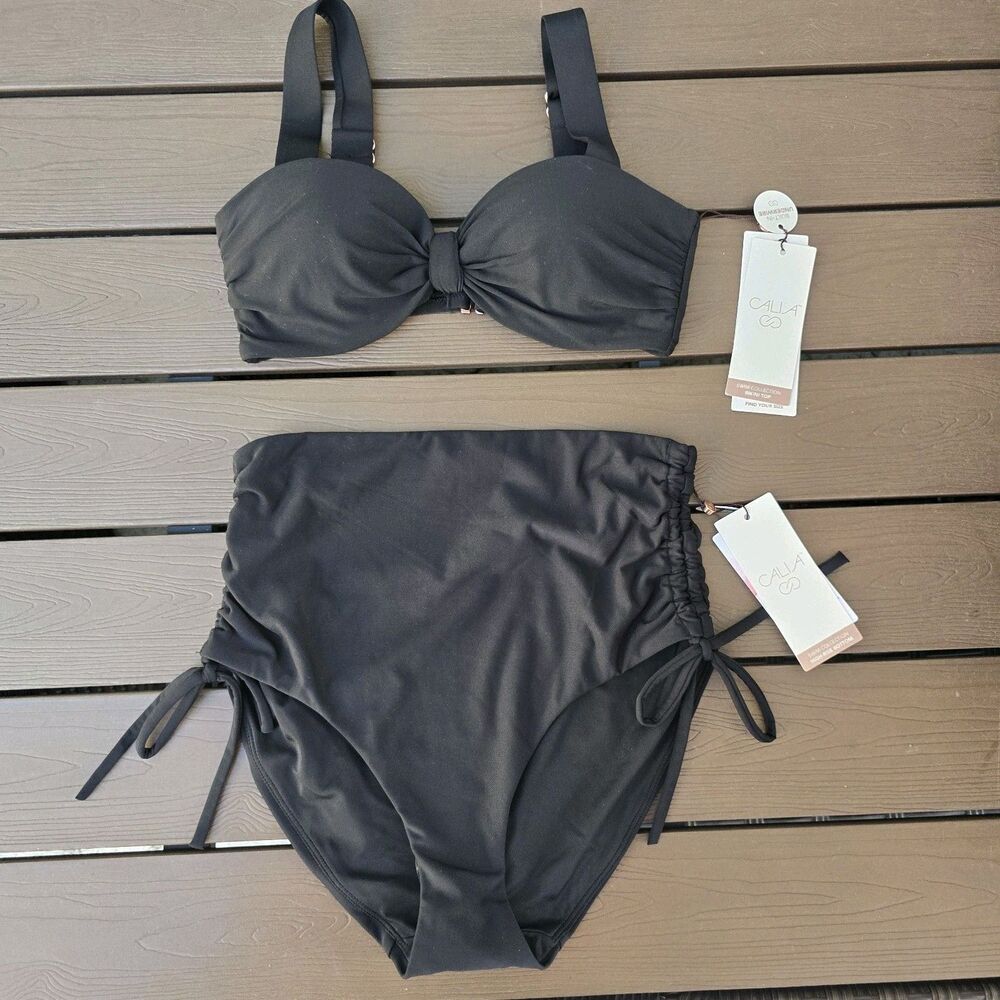 CALIA Women's Black Knot Front Bikini Top & Rouched High Rise Bikini Sz XS New
